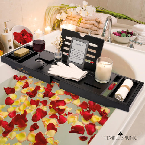 Temple Spring lifestyle scene with tray, candles, and bath for relaxing home spa ambiance