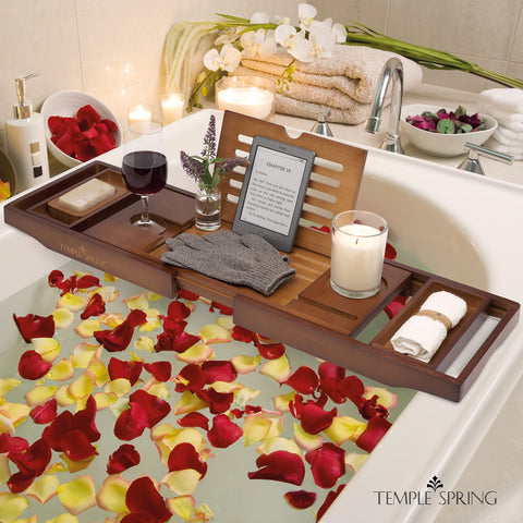 Temple Spring tray on tub edge showing scale and compatibility benefit