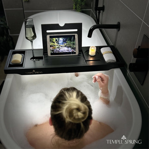 Temple Spring bamboo soap dish with face cloth and exfoliating gloves for immediate spa use