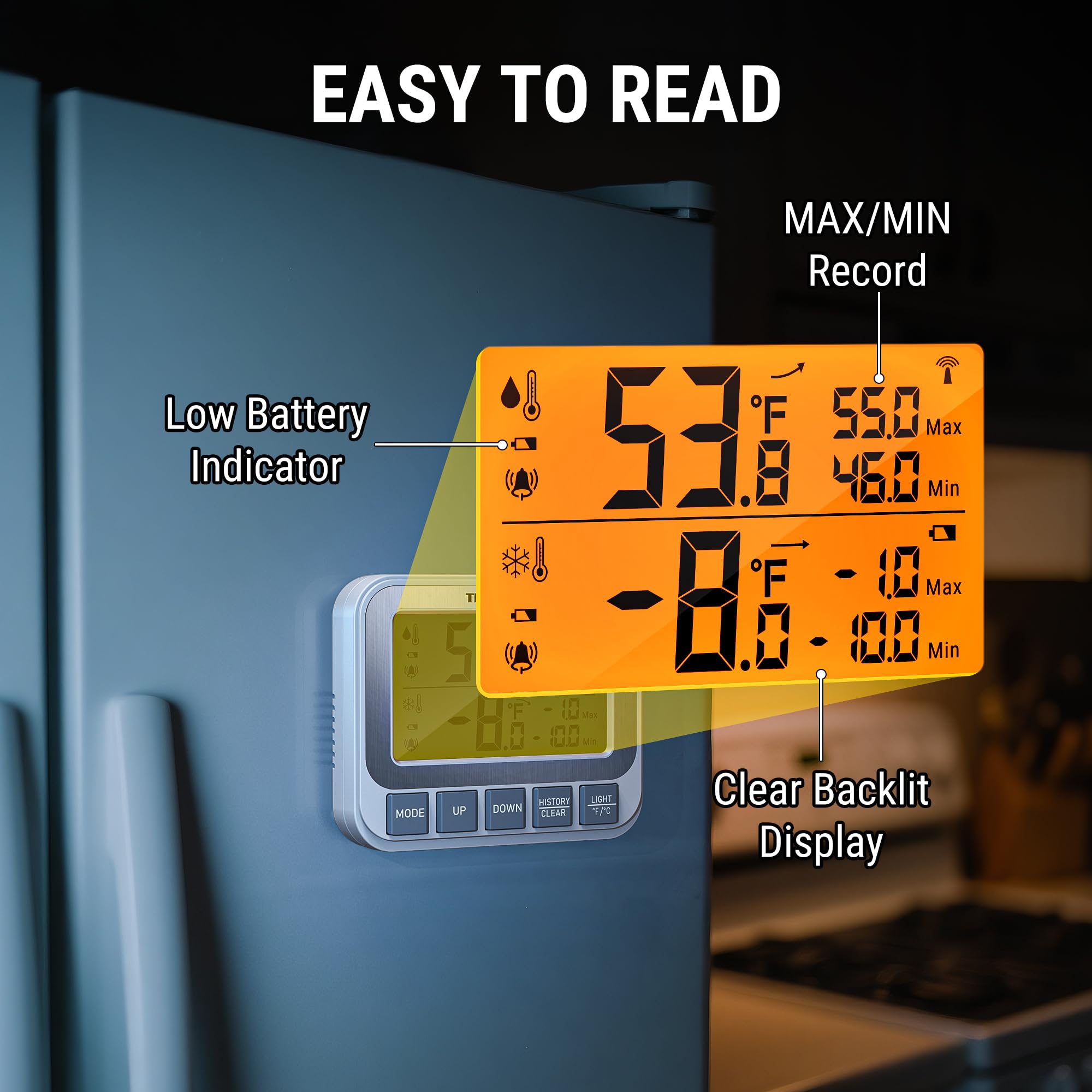 TempPro backlit display at night for easy 24/7 readability