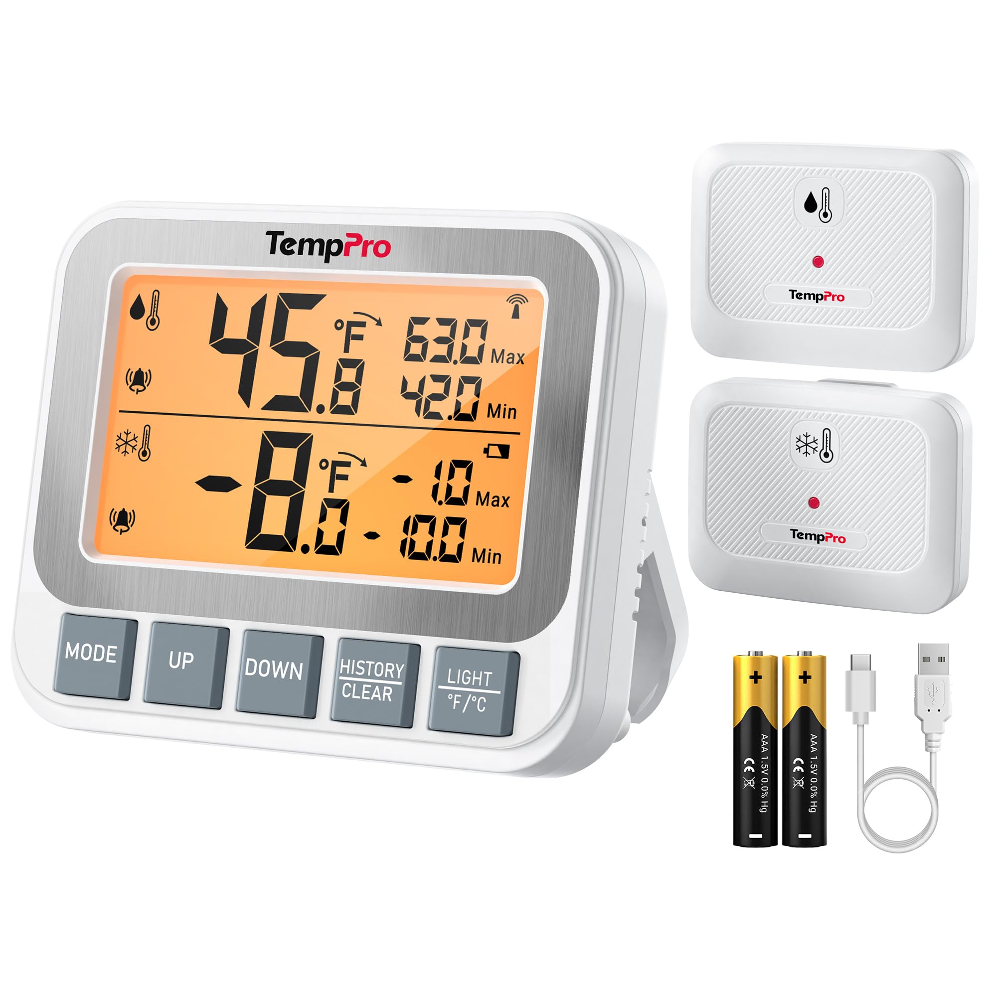 TempPro front display showing fridge and freezer temps for quick checks