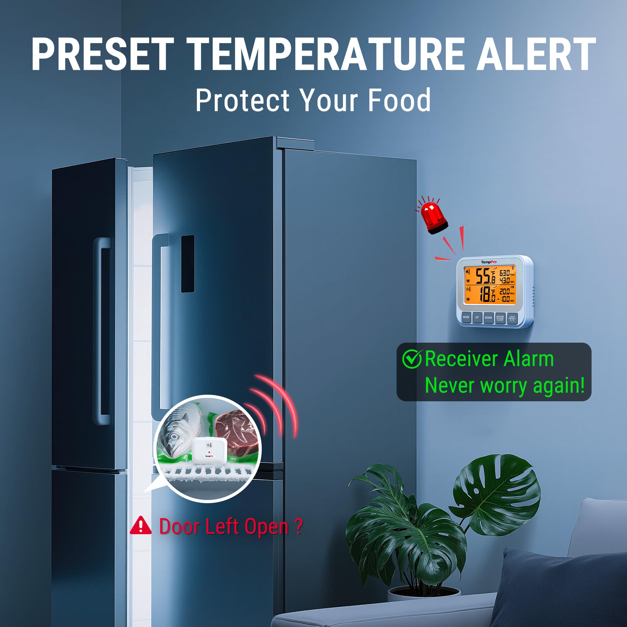 TempPro transmitter placed inside freezer demonstrating wire-free use
