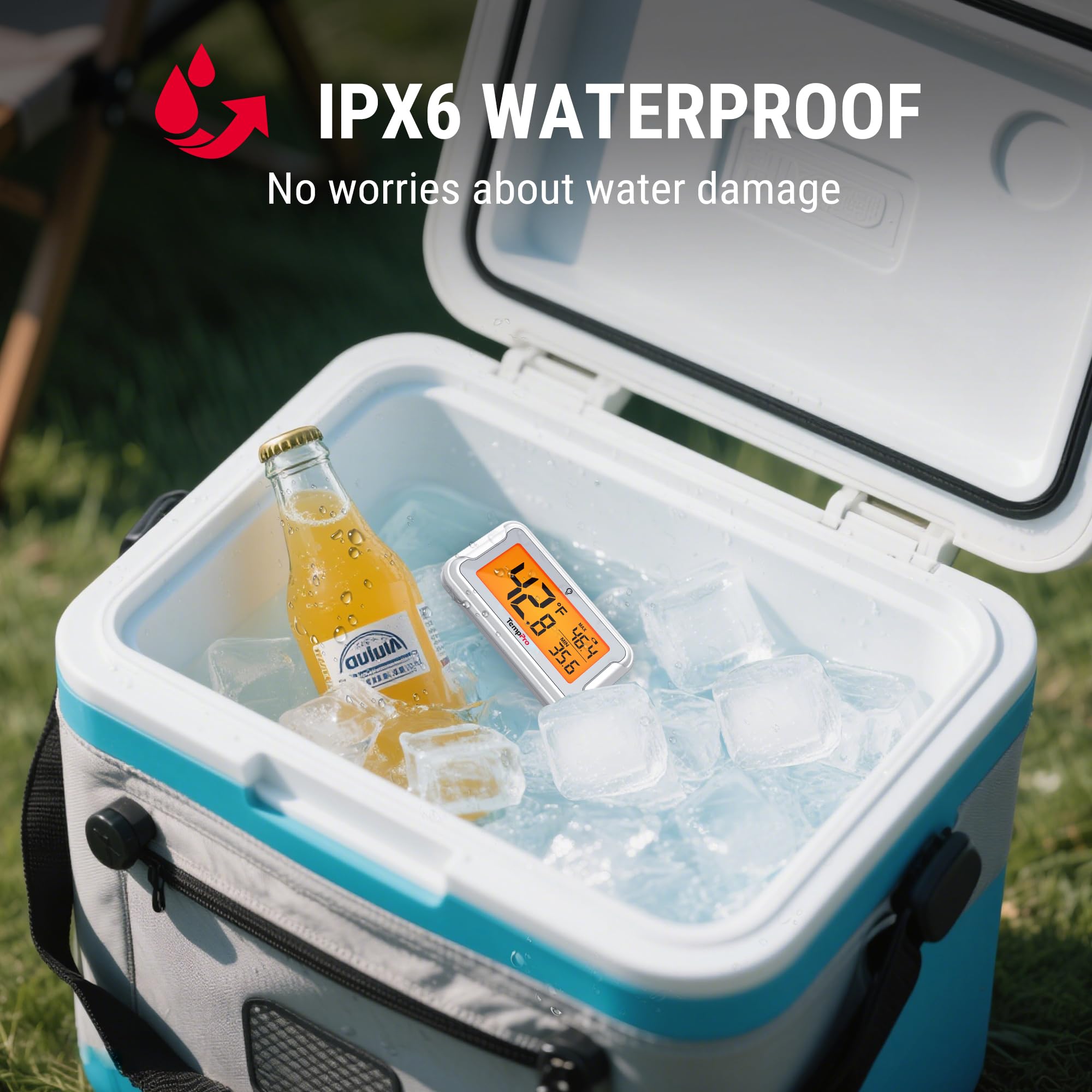 TempPro TempAir inside a portable cooler keeping beverages at correct temperature