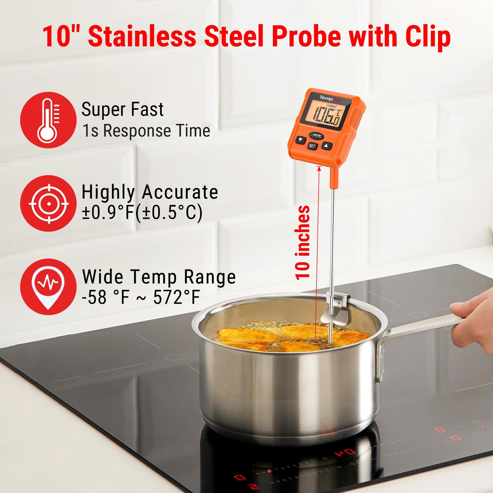 TempPro close-up of stainless probe tip showing quick, accurate sensing