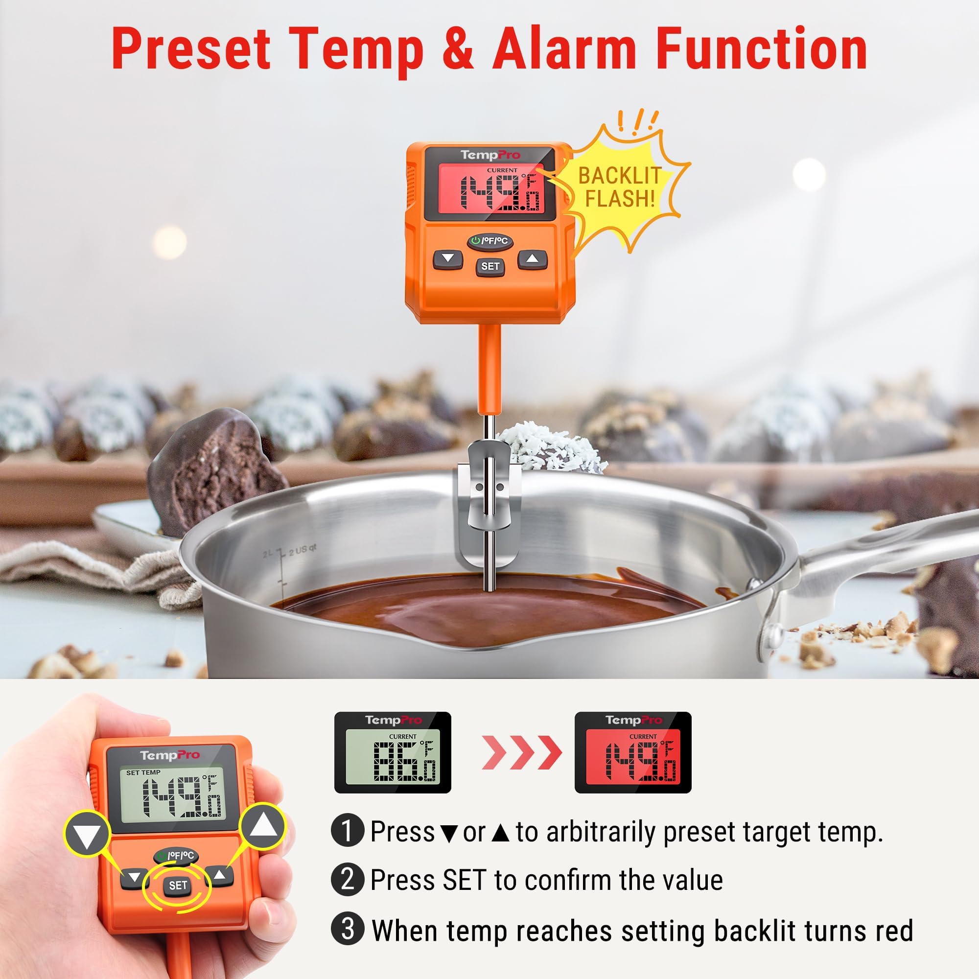 TempPro probe with pan clip attached securing thermometer to pot for safety