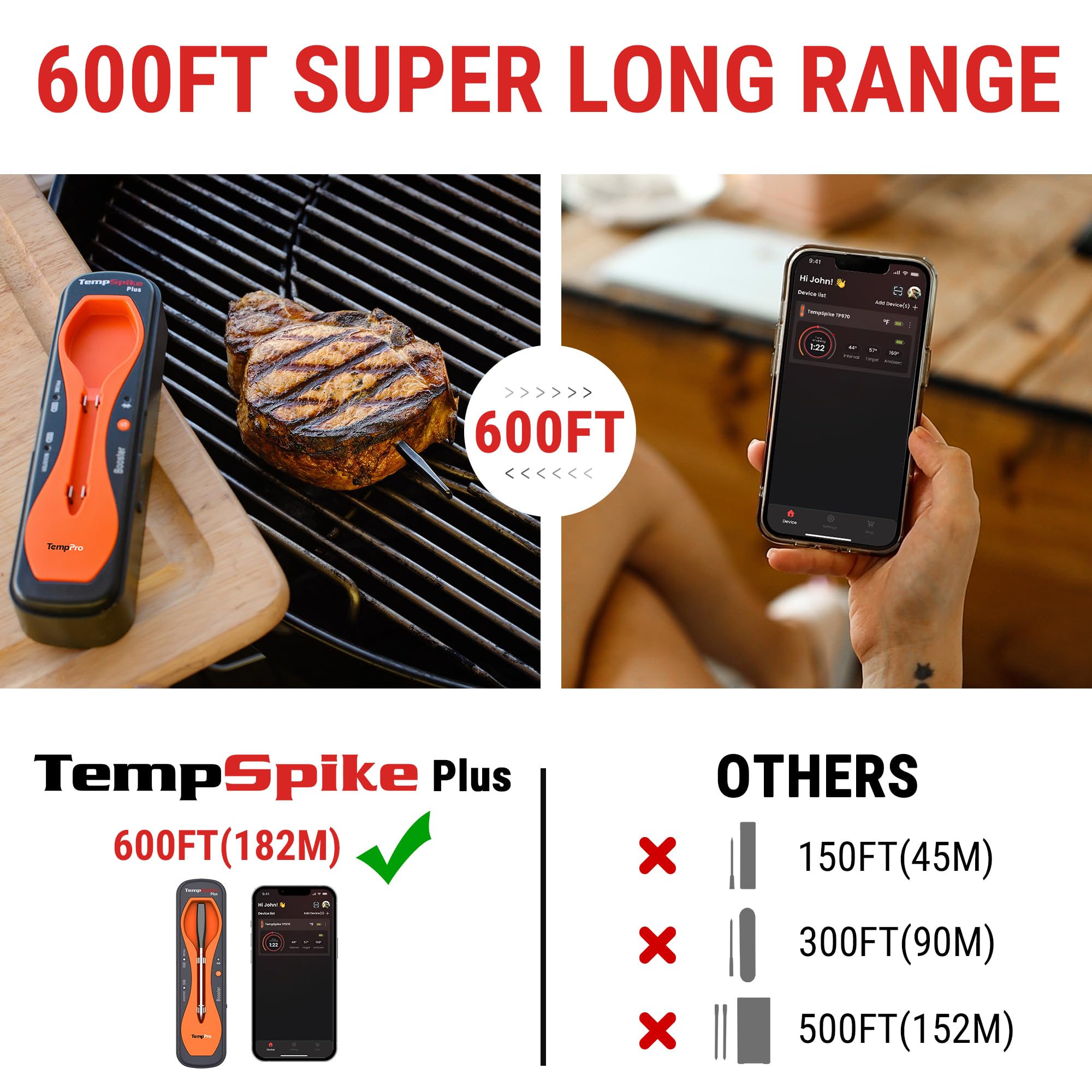 TempPro app screen displaying temperature alerts and cook presets for control