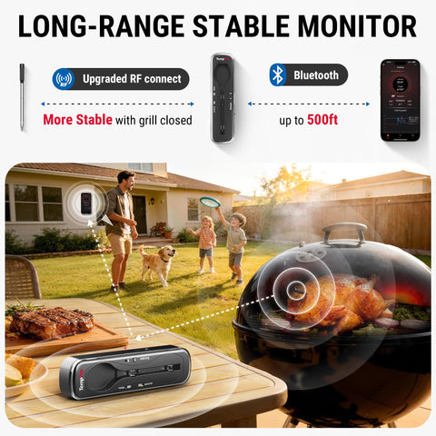 TempPro TempSpike monitoring a steak on a grill for hands-free cooking control