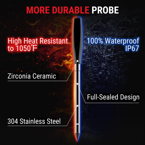 TempPro probe inserted in steak on charcoal grill demonstrating outdoor use