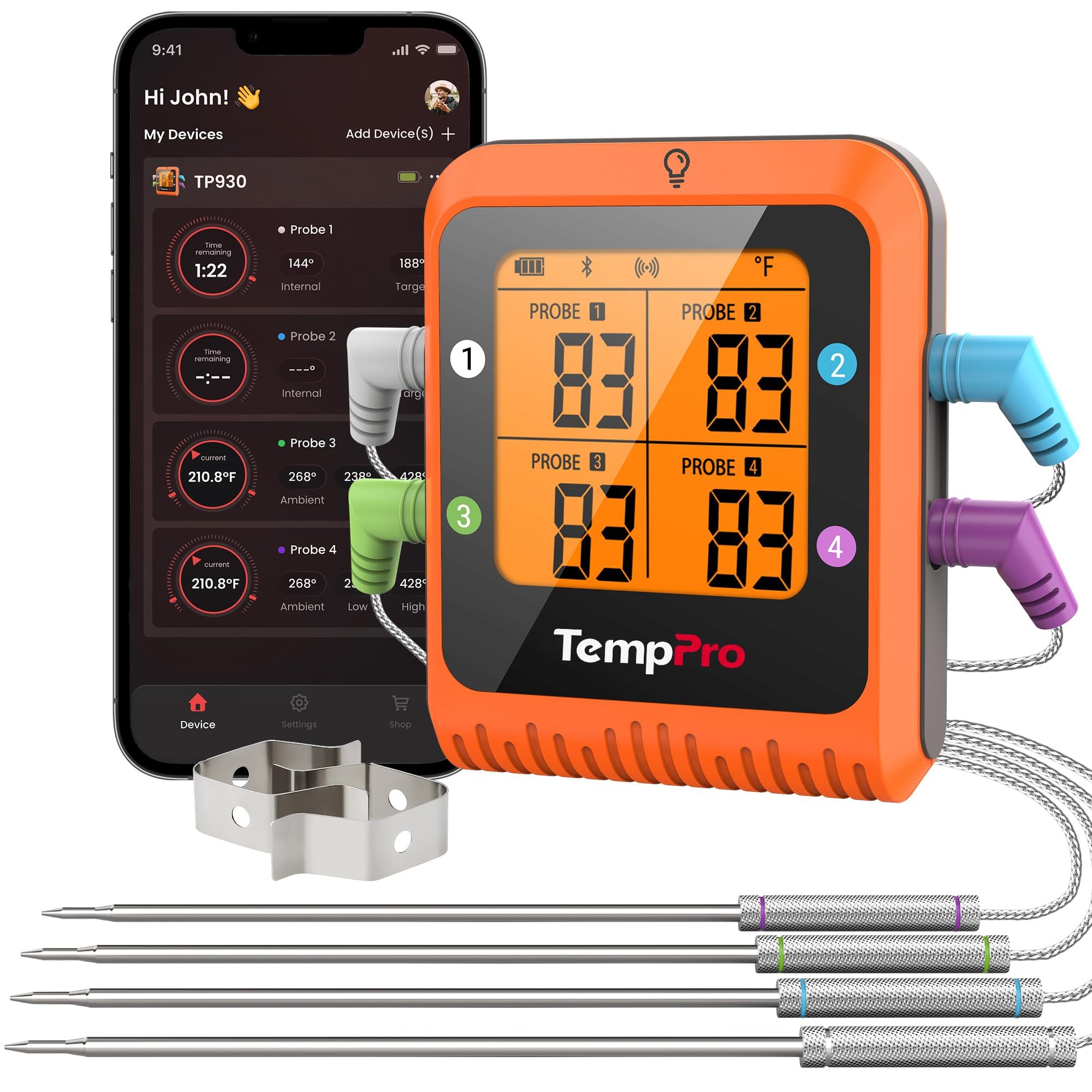 TempPro TempSync front display showing temperature readouts and battery benefit of easy monitoring