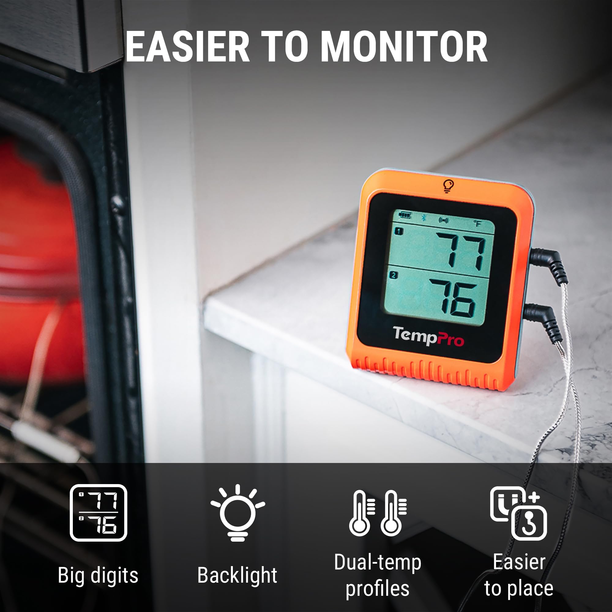 TempPro TempSync ambient probe on grill grate showing reliable grill temperature tracking benefit