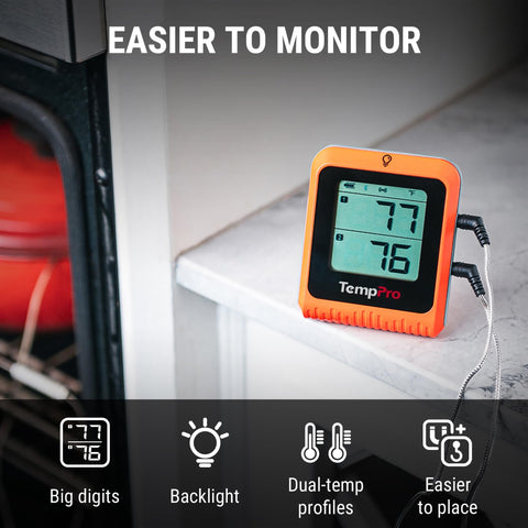 TempPro TempSync ambient probe on grill grate showing reliable grill temperature tracking benefit