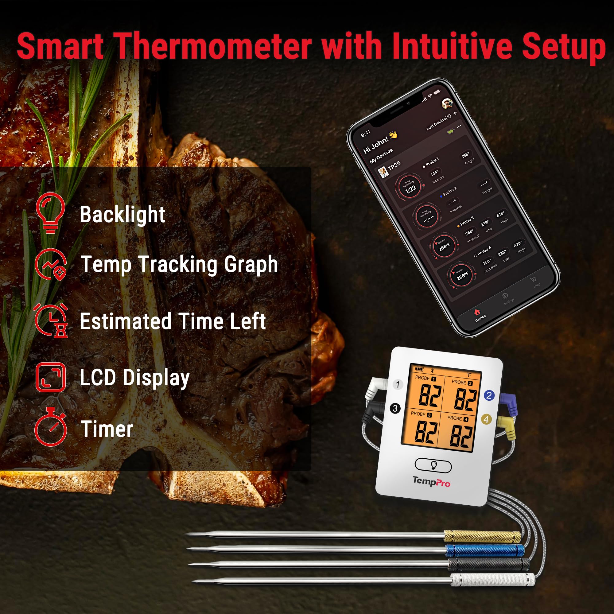 Close-up of TempPro probe tip for accurate meat temperature sensing