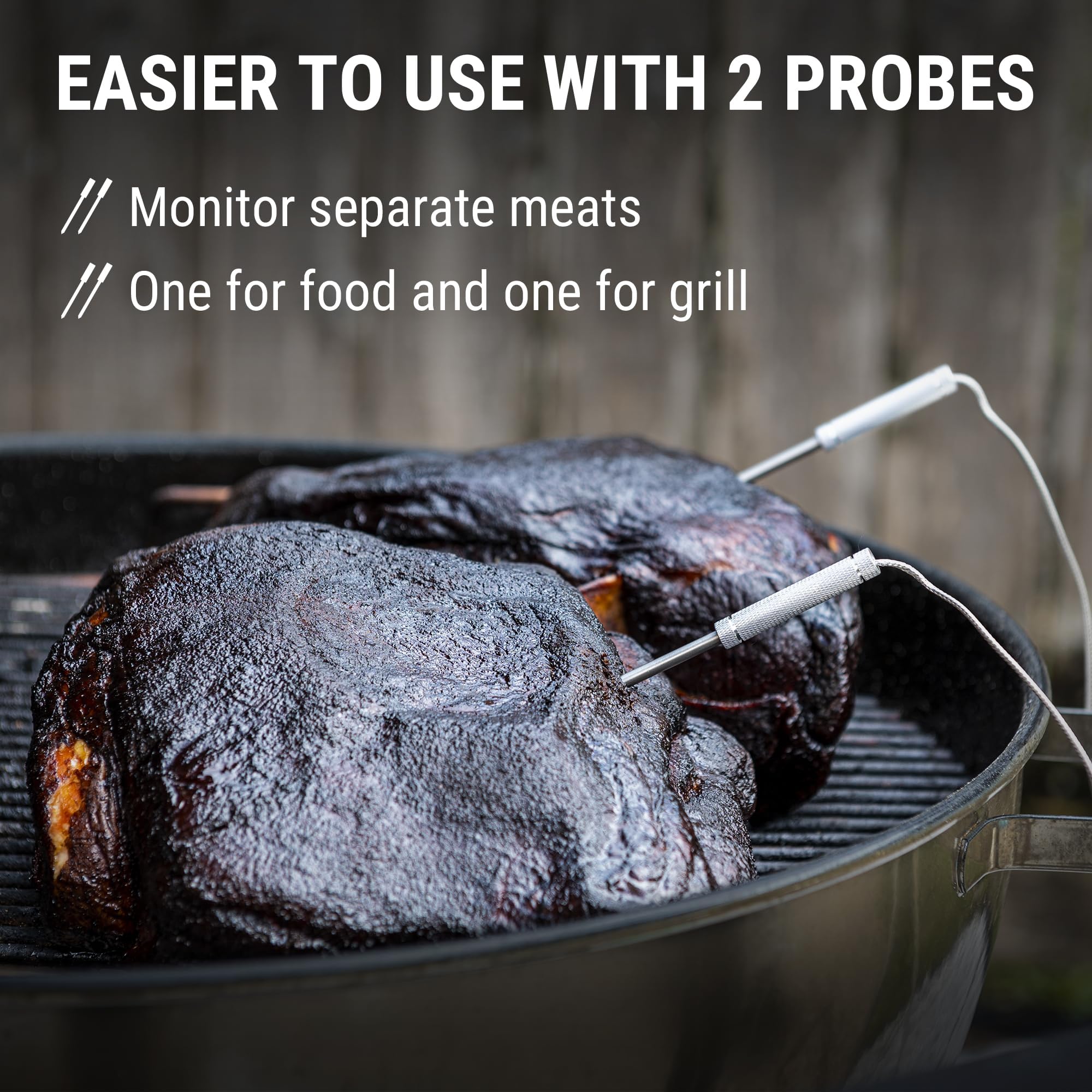 TempPro TempSync probe inserted into steak showing precise doneness monitoring while grilling