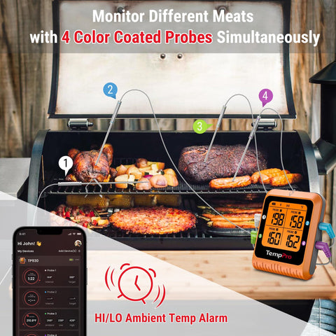 TempPro TempSync probes inserted in a grill demonstrating simultaneous multi-meat tracking