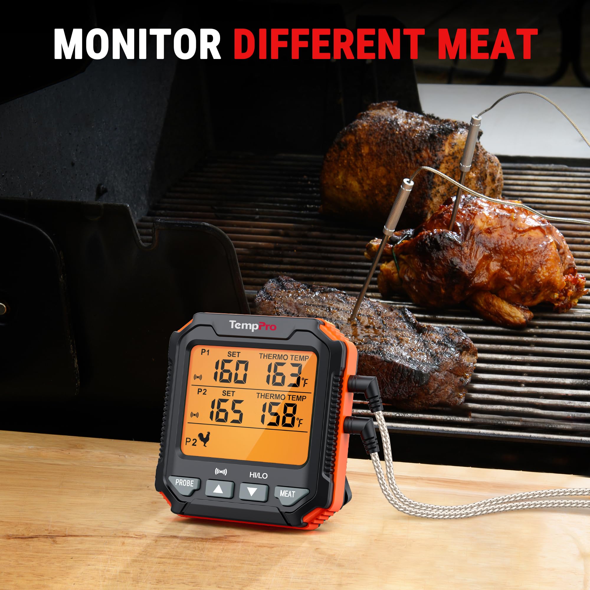 TempPro dual stainless-steel probes monitoring meat and ambient cooking temperature