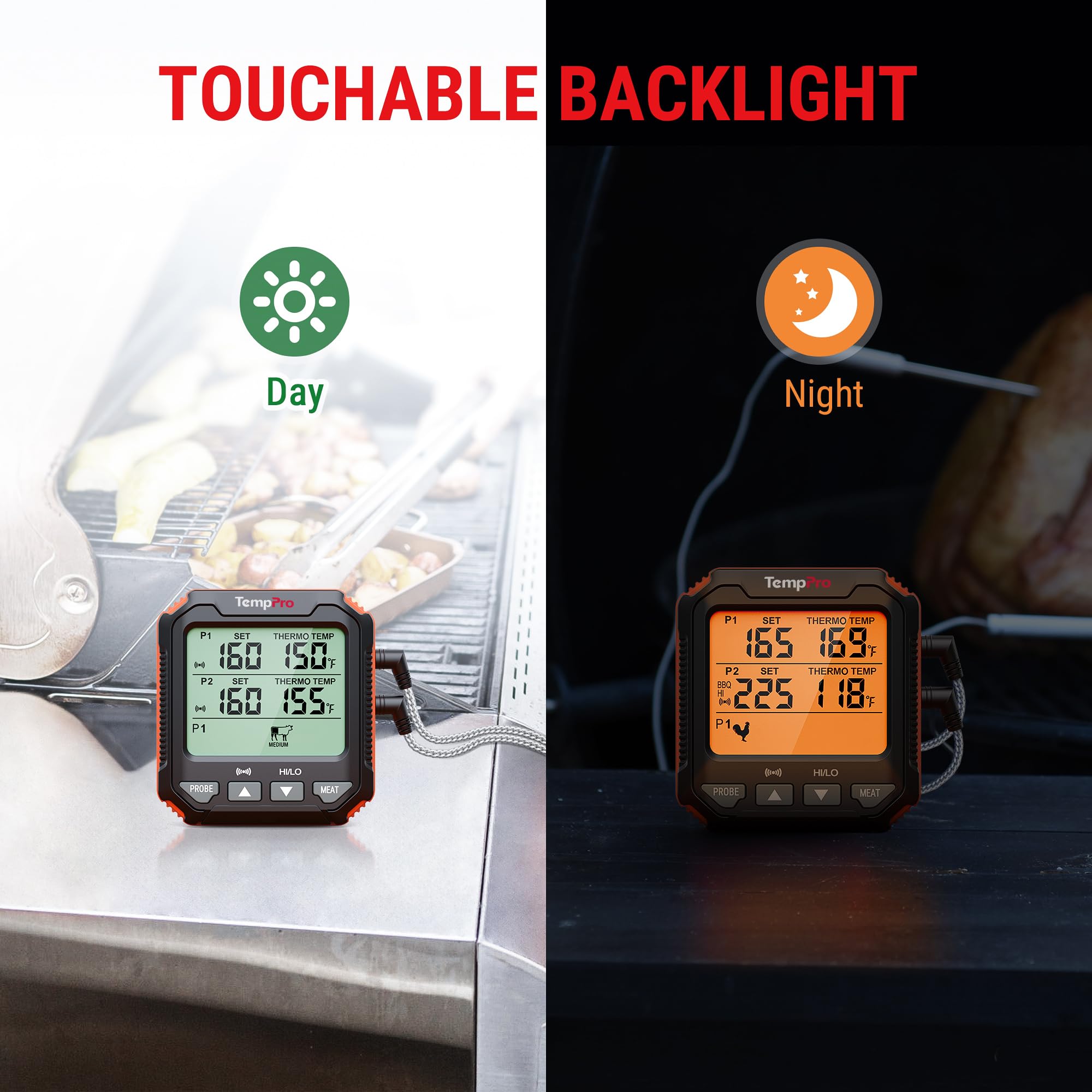 TempPro touch-activated backlight illuminated for easy low-light reading