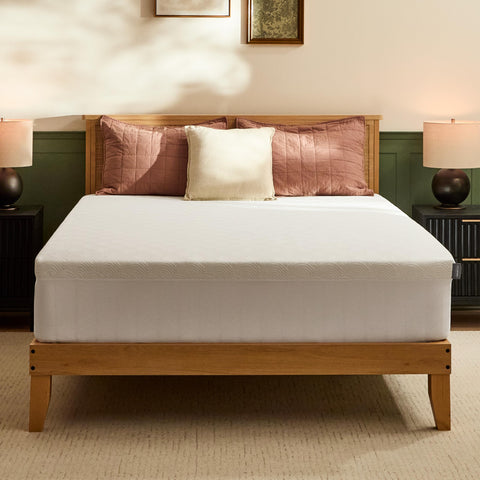 Tempur-Pedic front view of full-size topper showing smooth surface and neat fit