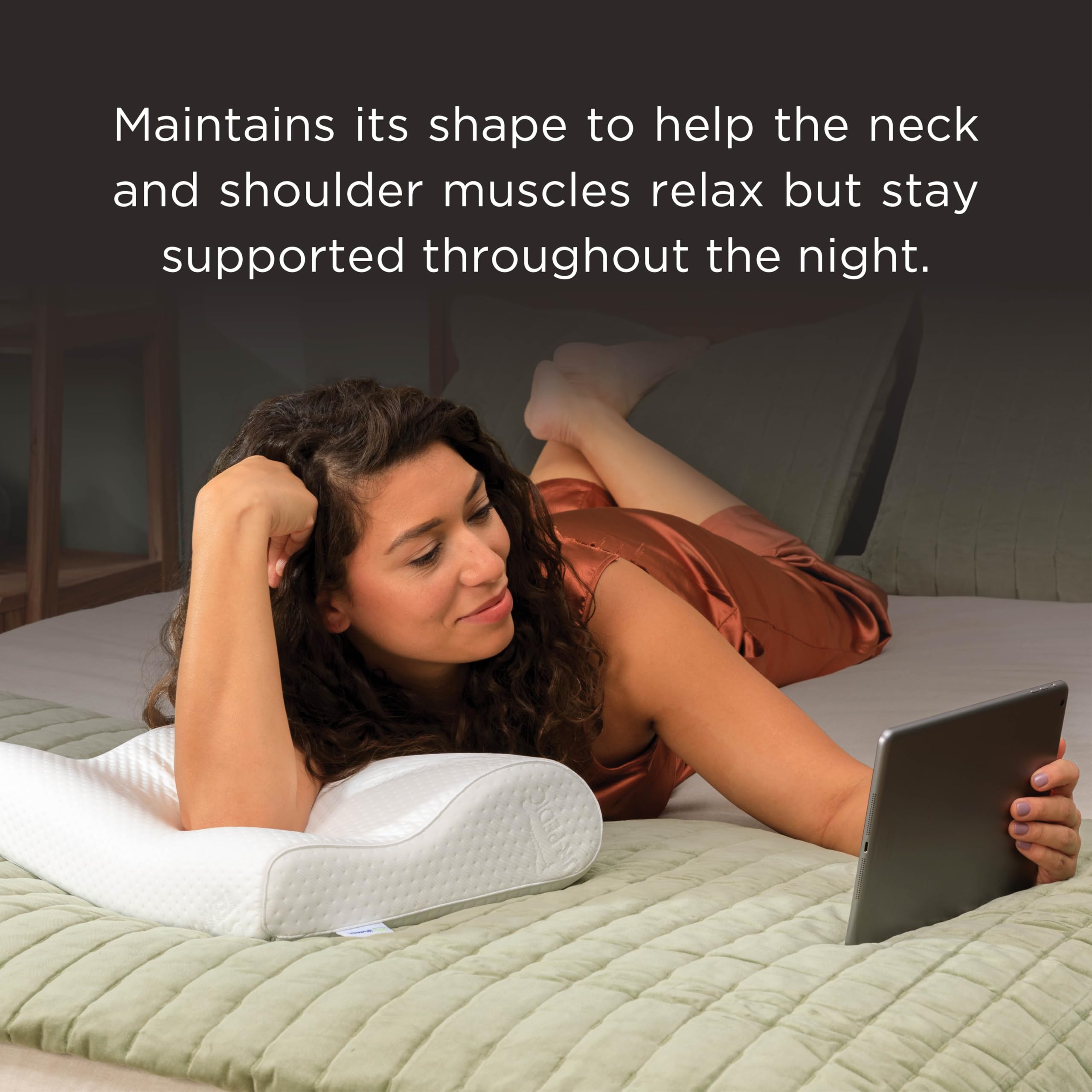 Tempur-Pedic in-bed scene with back sleeper showing neck cradling comfort