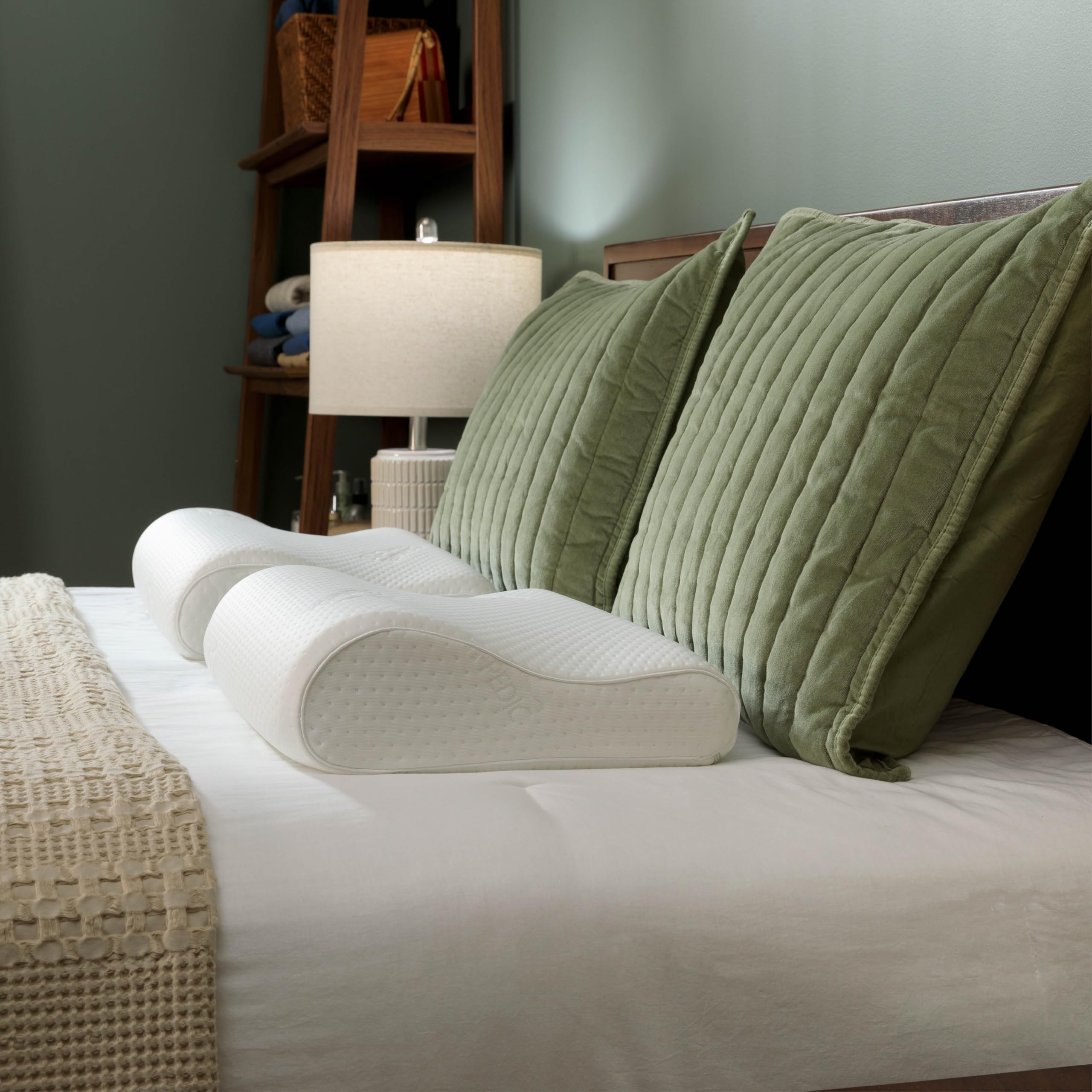 Tempur-Pedic pillow folded into home linen closet showing tidy storage advantage
