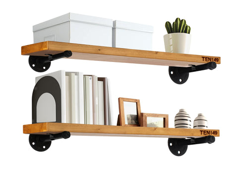 TEN49 front view of two light walnut floating shelves showing farmhouse charm
