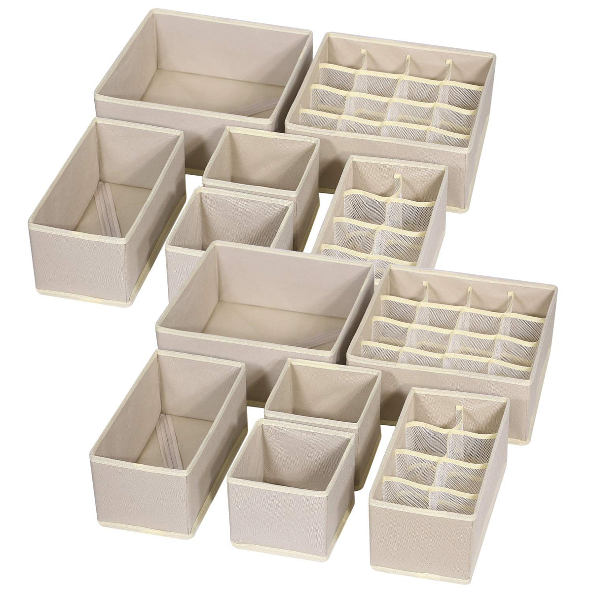 TENABORT front view of 12-pack beige organizers showing tidy drawers and quick setup benefit