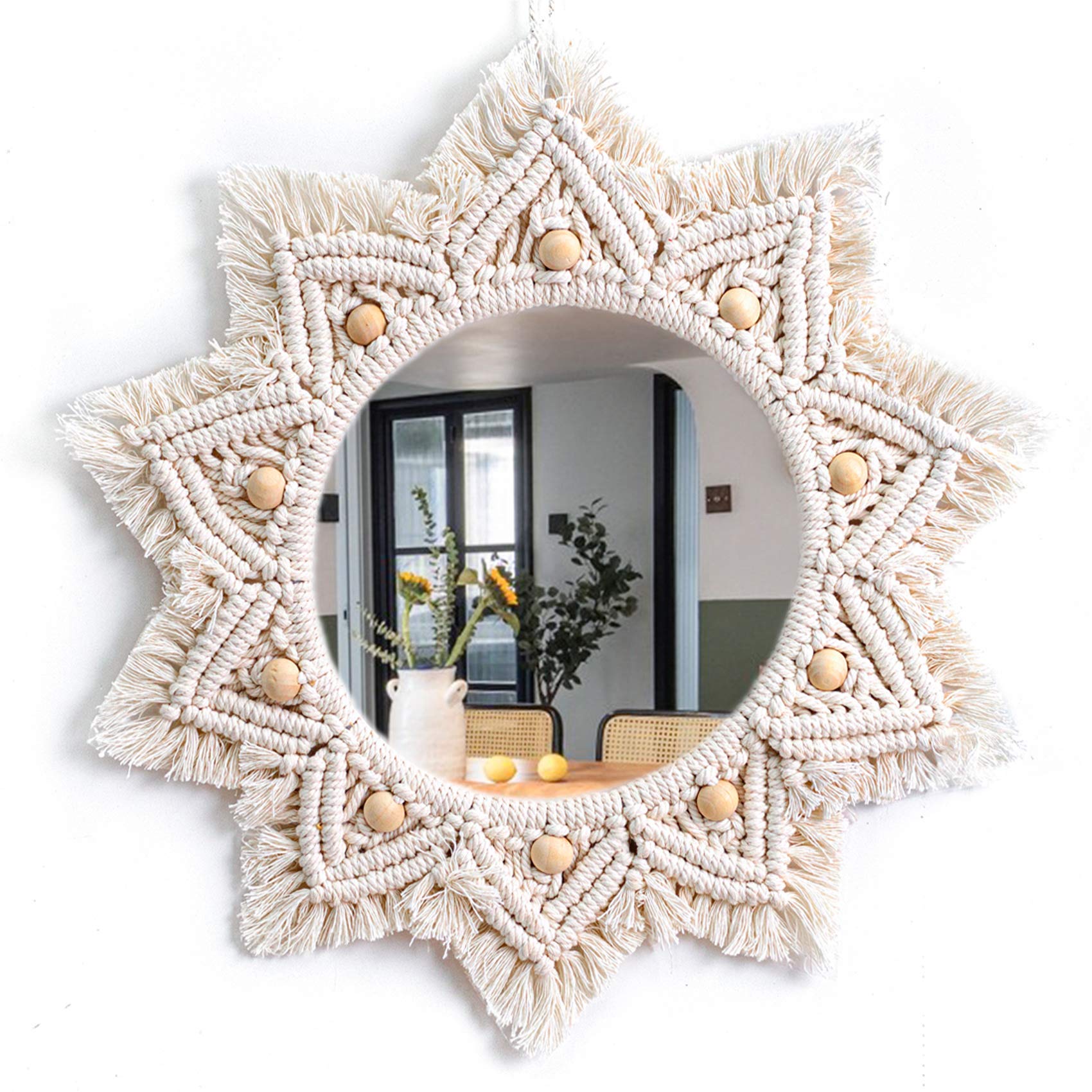 TENEWEE front view of round macrame mirror adding boho charm