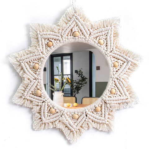 TENEWEE front view of round macrame mirror adding boho charm