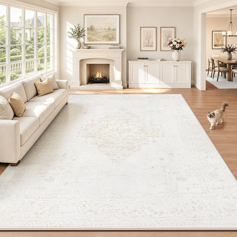 TENGTENGLINK front view beige rug showing vintage pattern and room anchoring benefit