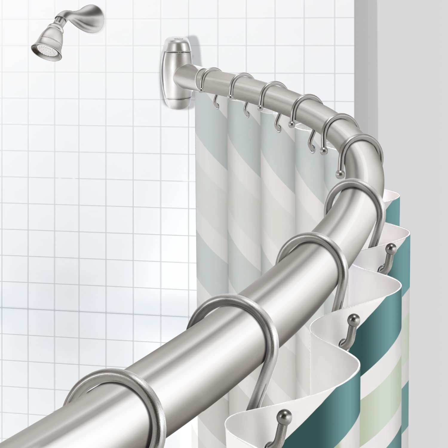 TENOVEL front view of curved rod offering more shower space