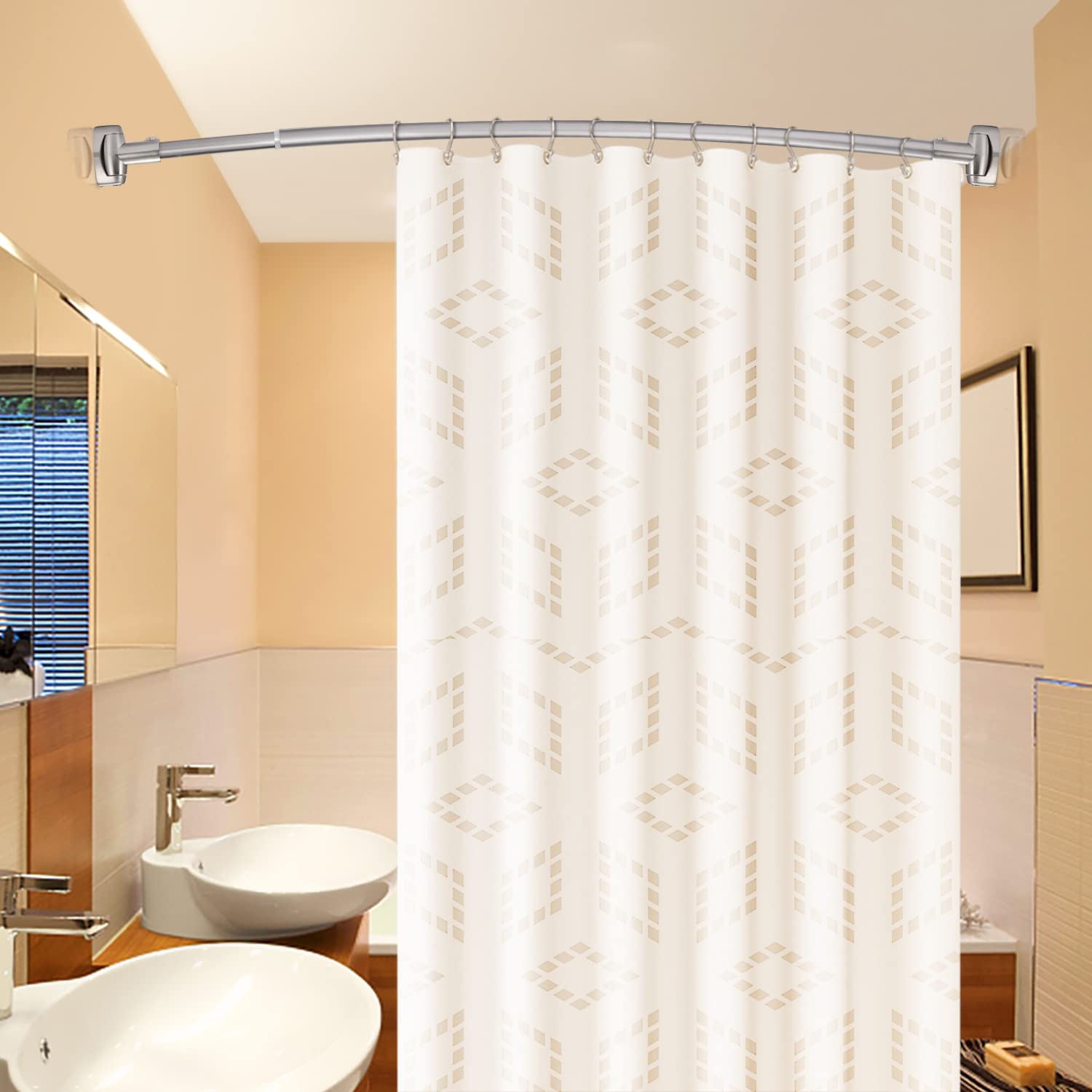 TENOVEL lifestyle bathroom setting showcasing elegant curved rod
