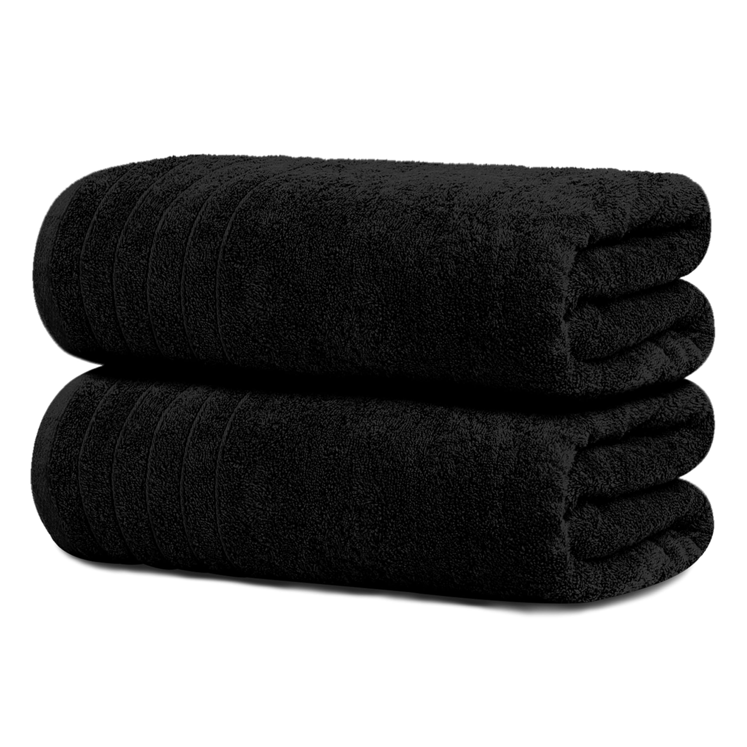 Tens Towels front packaging showing two black bath sheets, clear set benefit