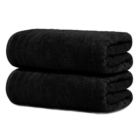 Tens Towels front packaging showing two black bath sheets, clear set benefit