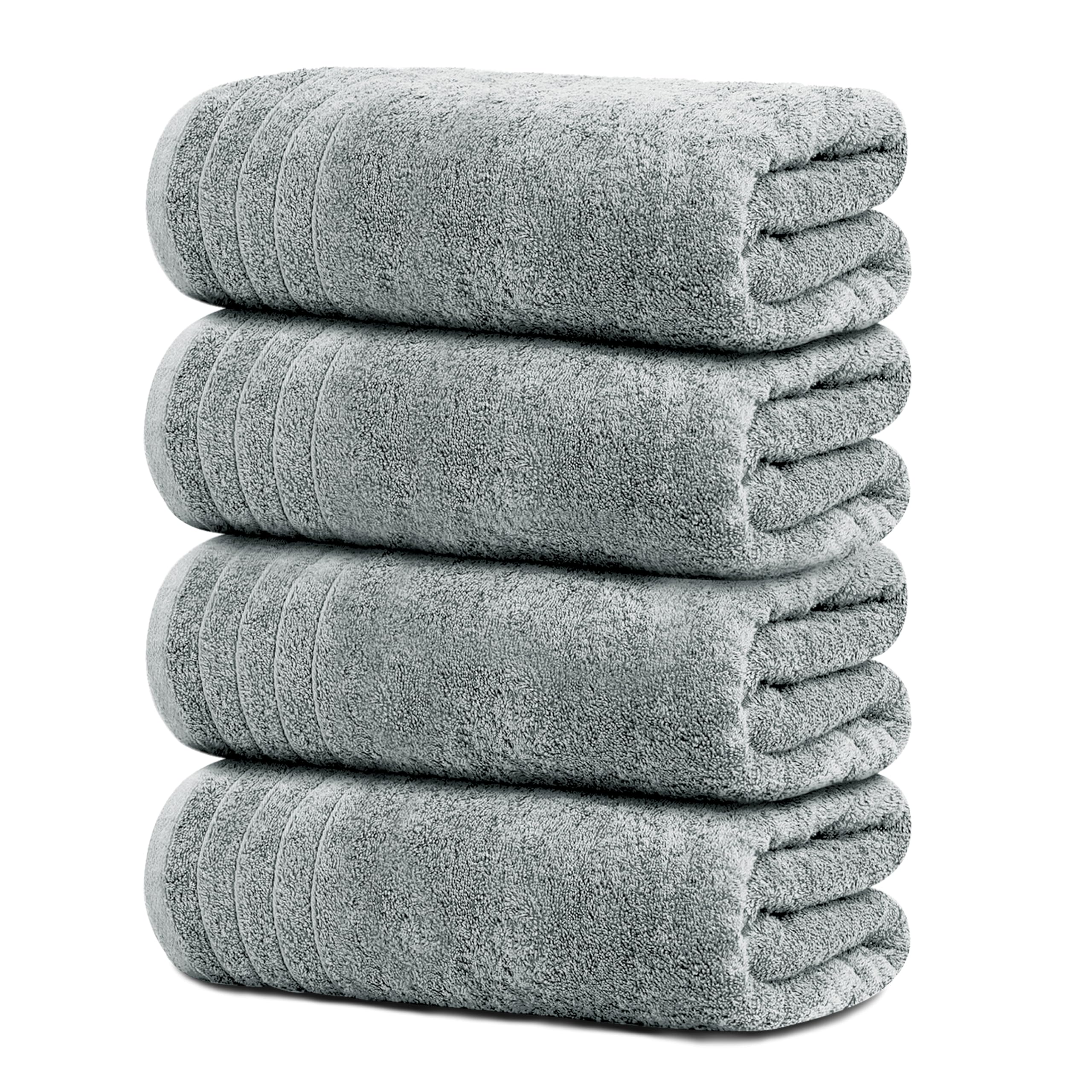 Tens Towels front view of four cool grey towels showing neat packaging and value