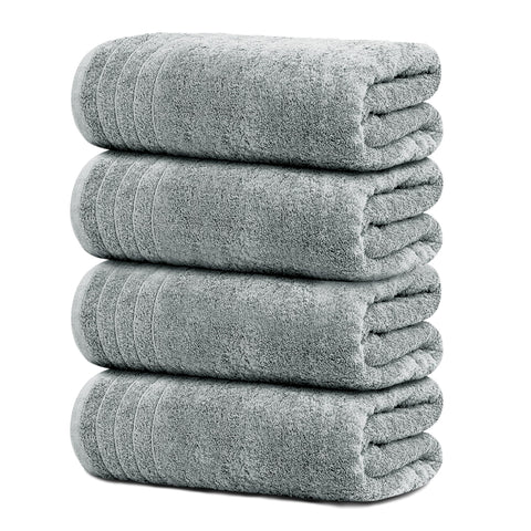 Tens Towels front view of four cool grey towels showing neat packaging and value