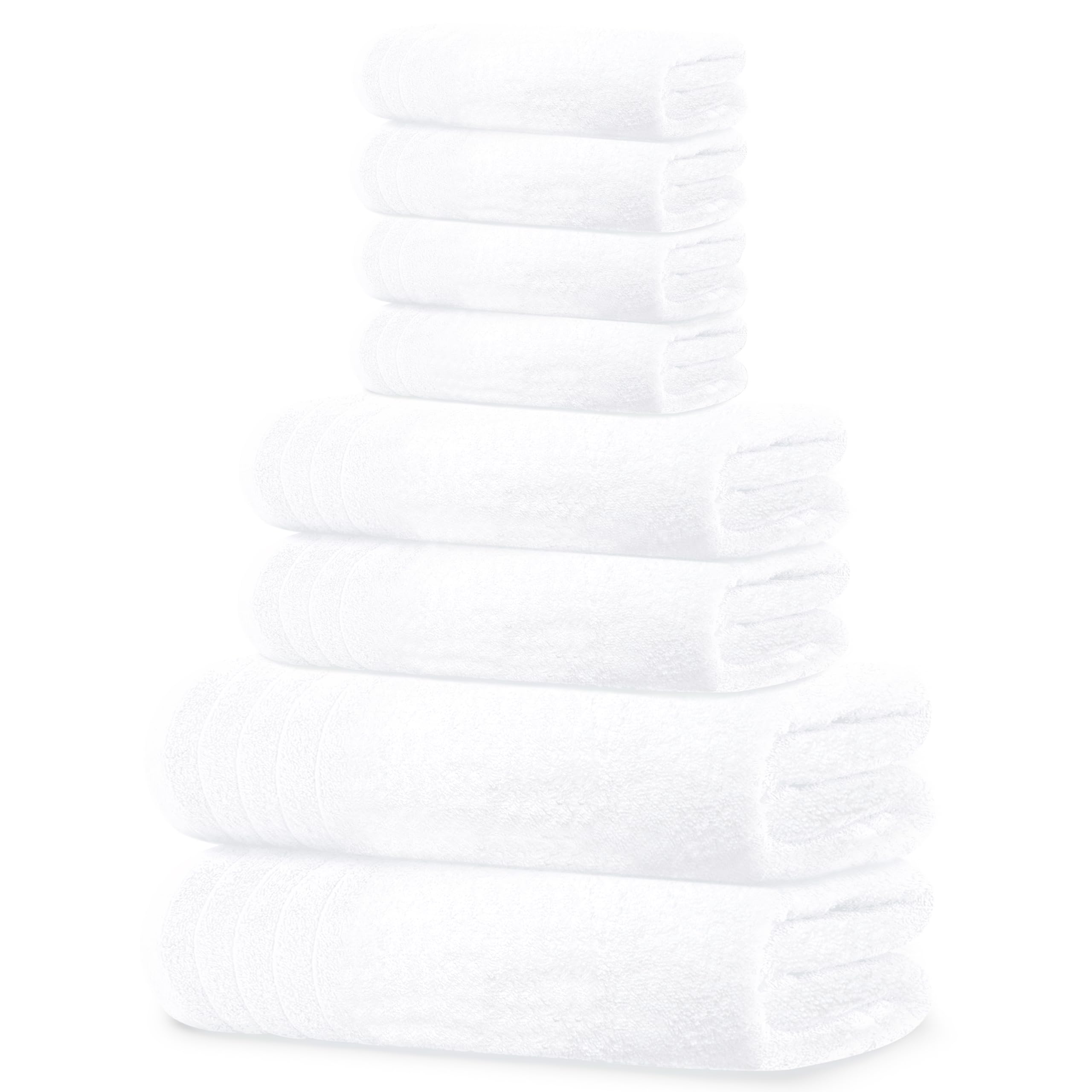 Tens Towels front packaging showing full 8-piece white set and convenience