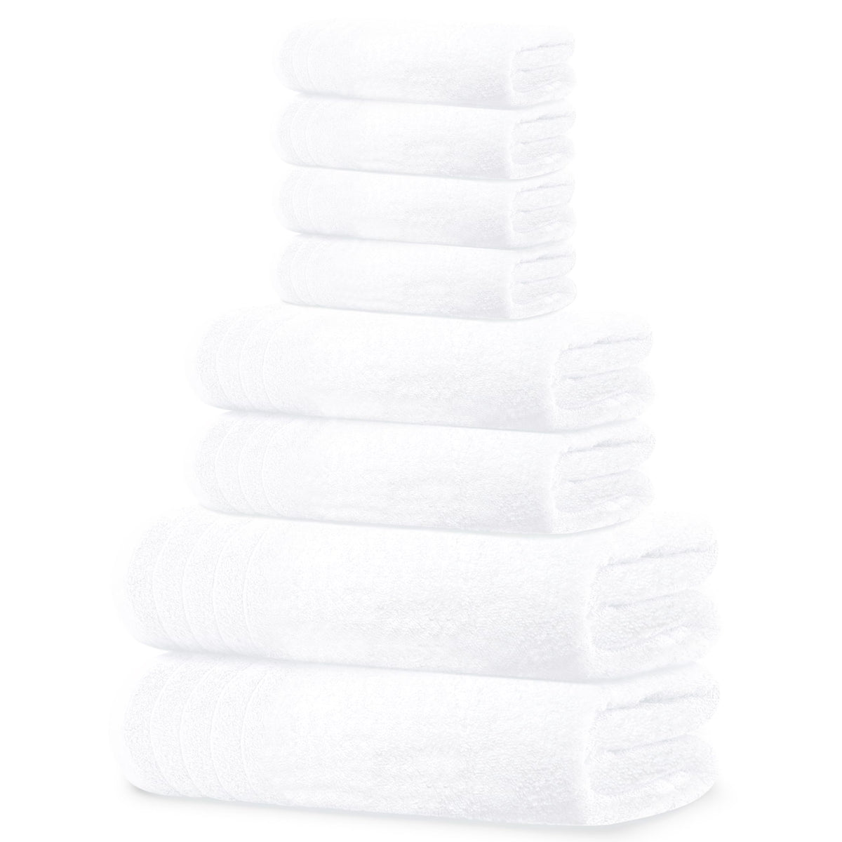 Tens Towels front packaging showing full 8-piece white set and convenience