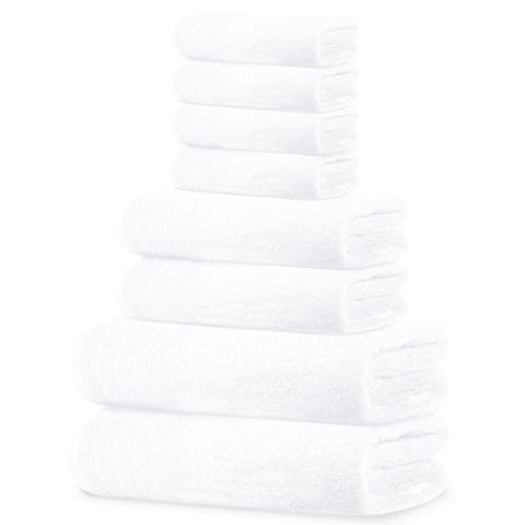 Tens Towels front packaging showing full 8-piece white set and convenience