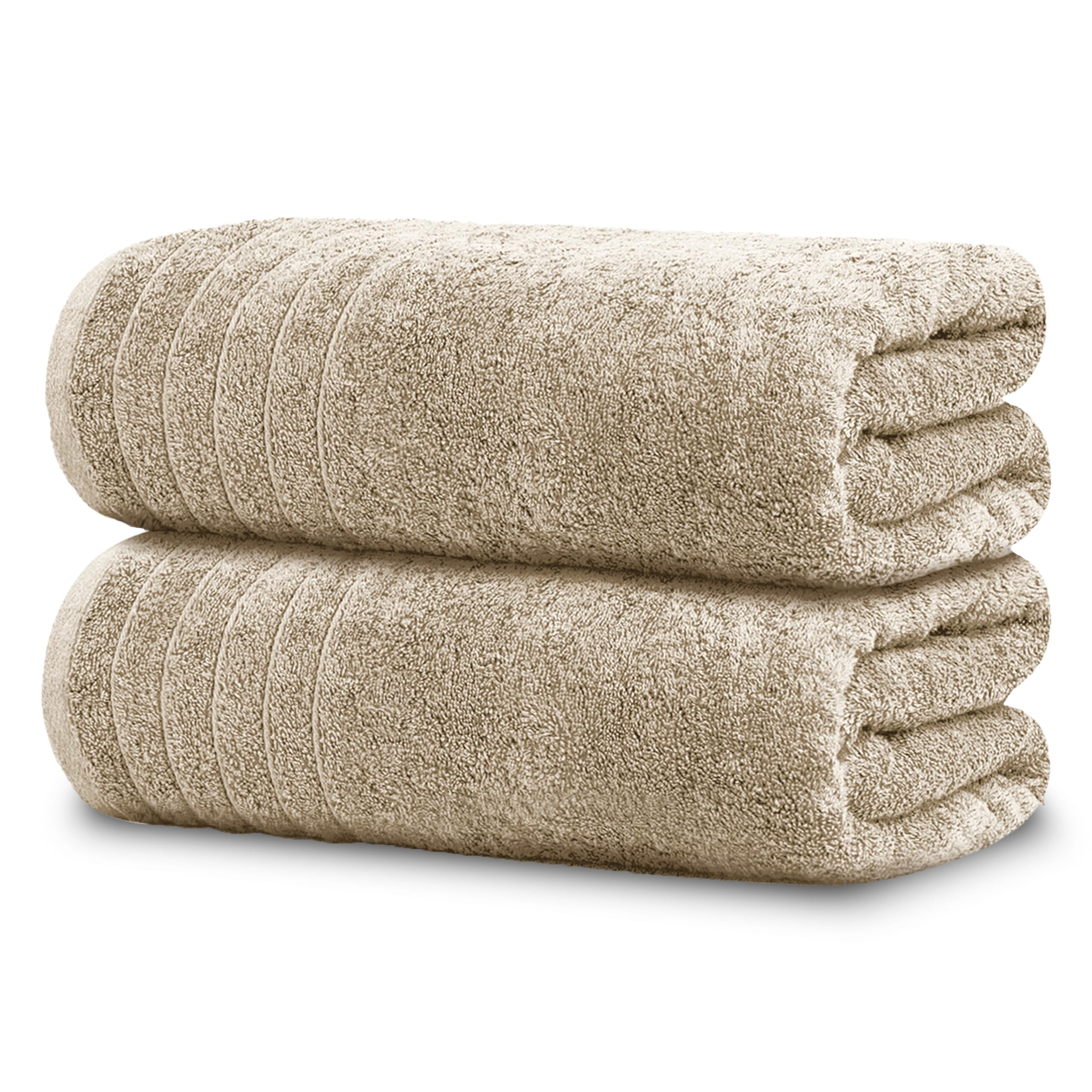 Tens Towels front view showing two beige bath sheets and packaging, highlighting value