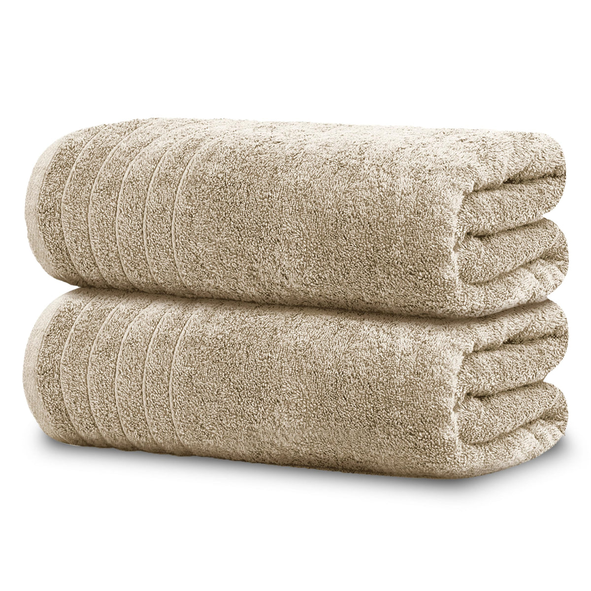 Tens Towels front view showing two beige bath sheets and packaging, highlighting value