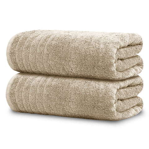 Tens Towels front view showing two beige bath sheets and packaging, highlighting value