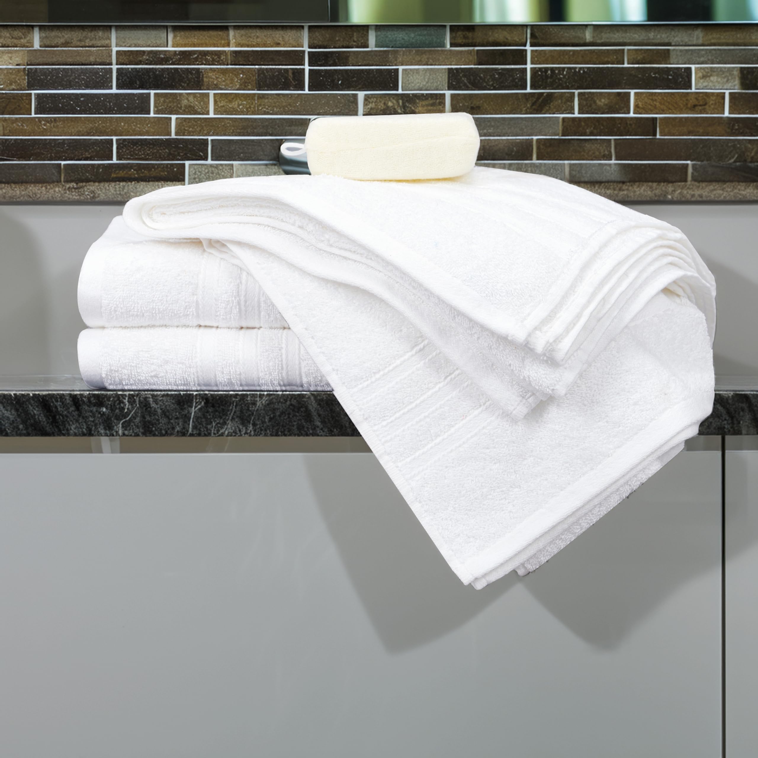 Tens Towels hanging on bathroom rod to show quick-dry convenience