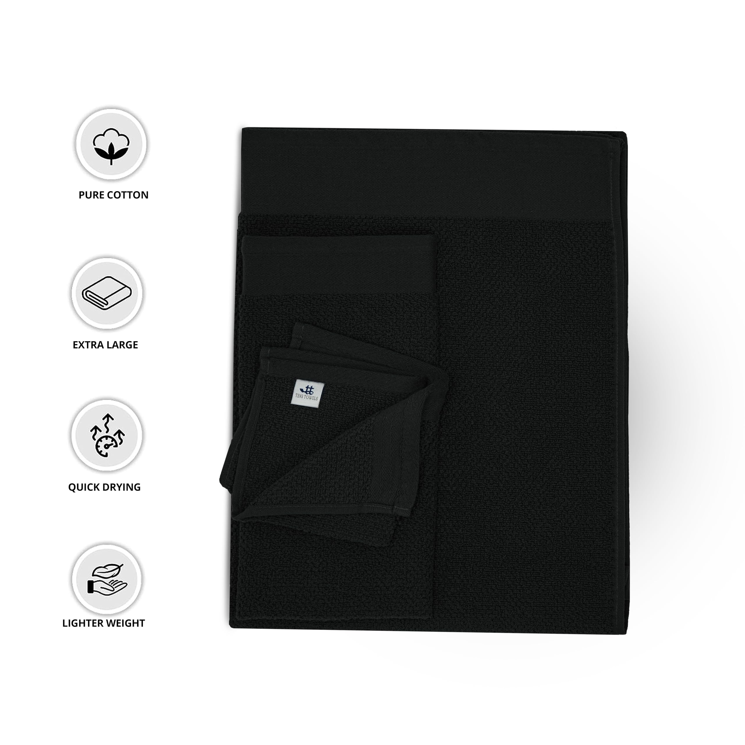 Tens Towels arranged in modern bathroom to show coordinated décor and luxury feel