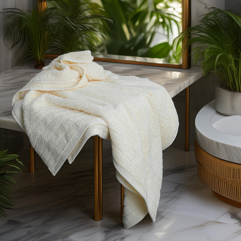 Tens Towels in bathroom setting showing neutral cream matches décor benefit