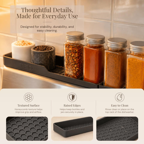 TEO shelf with spice jars for scale shows 29.5 inch fit benefit stores multiple bottles
