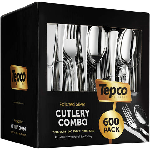 Tepco Settings front packaging showing 600-piece silver flatware, convenient storage