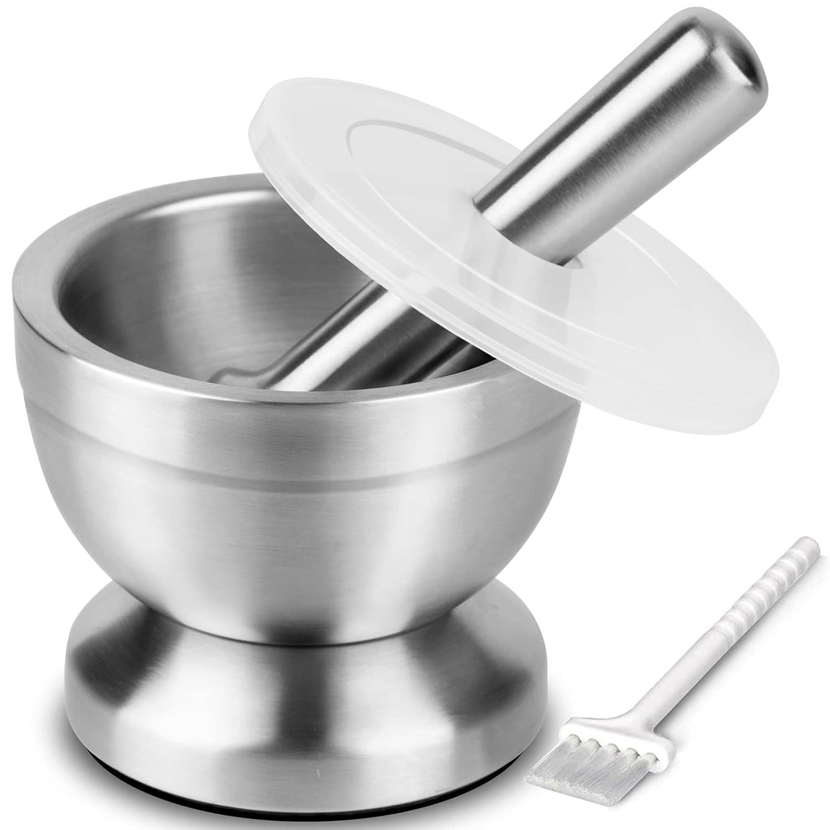 Tera front view mortar and pestle showing compact durable stainless design and easy handling benefit