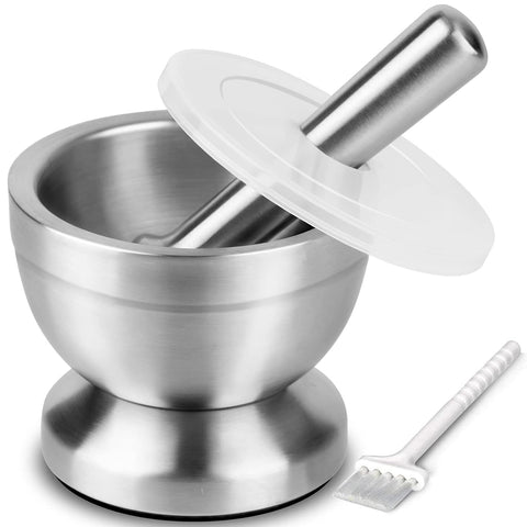 Tera front view mortar and pestle showing compact durable stainless design and easy handling benefit