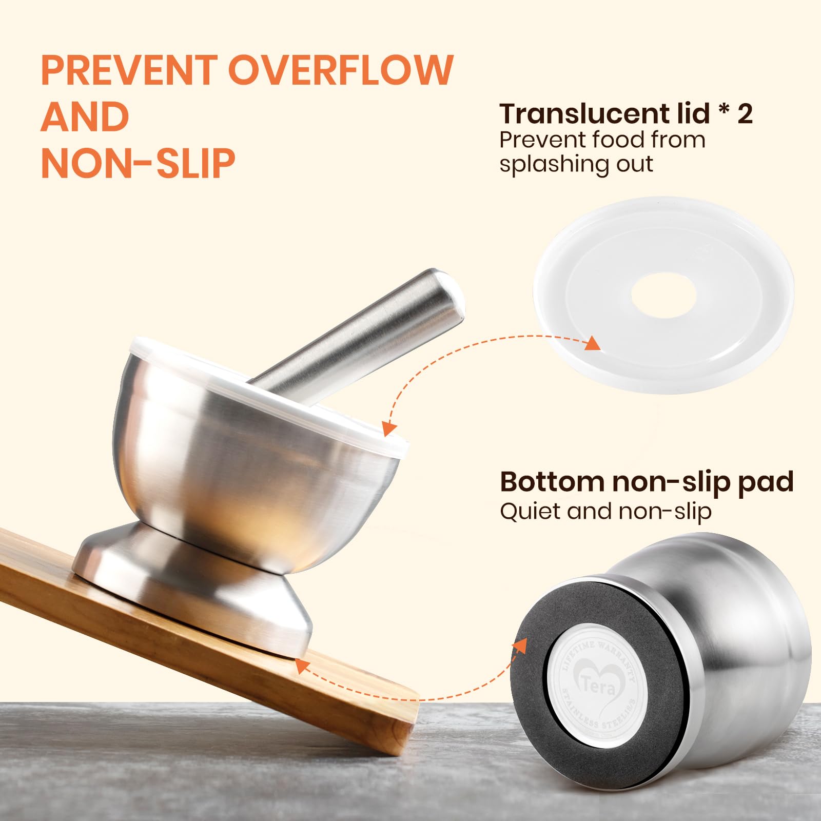 Tera mortar with semi-transparent lid showing contained ingredients and mess-free grinding benefit