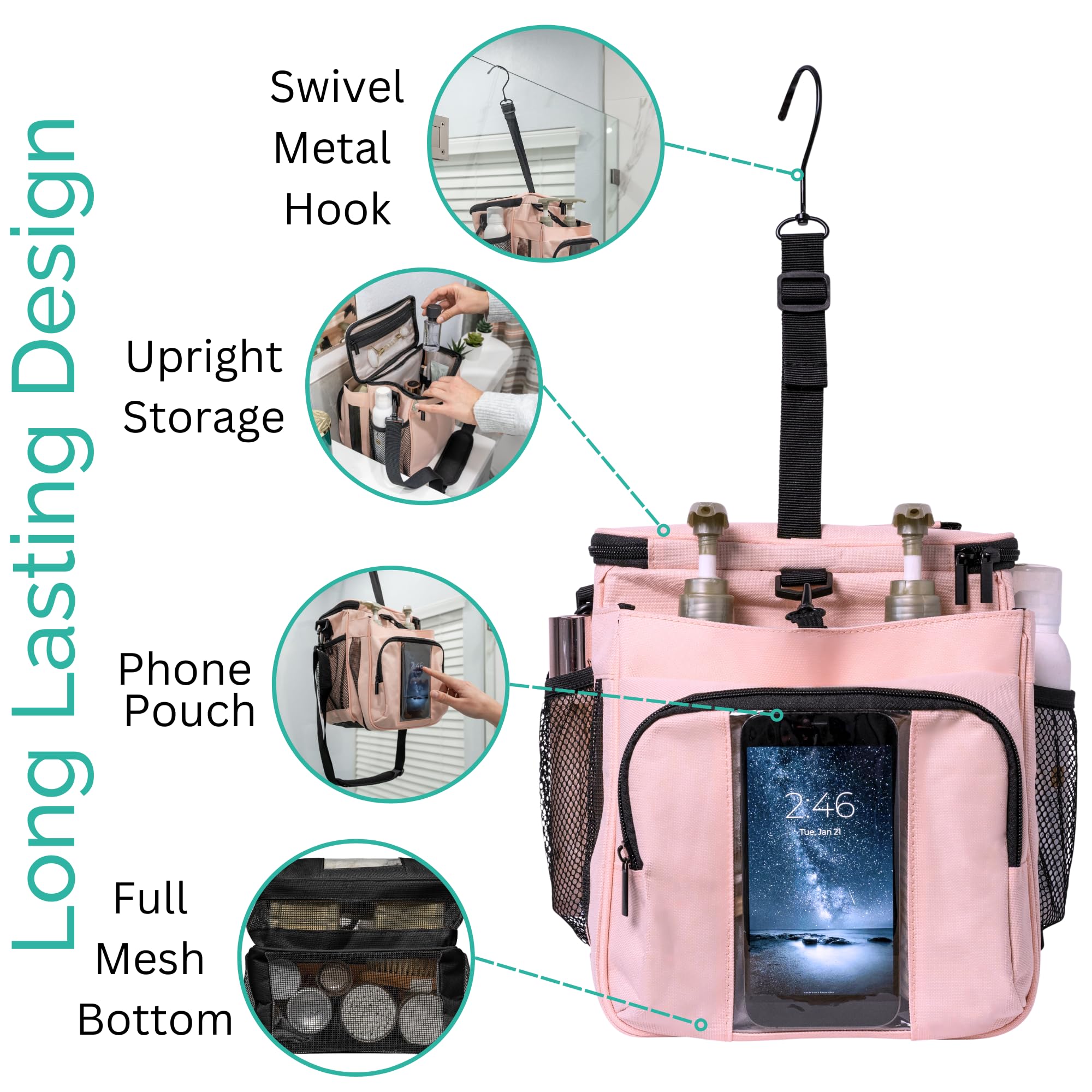 TERRA HOME filled with toiletries demonstrates six-bottle capacity and neat storage