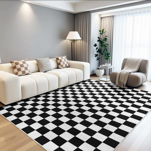 Terrug front view of black and white checkered rug showing pattern and contrast benefits